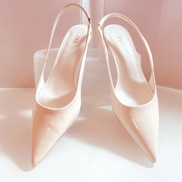 Zara White Slingback low Heels Pointed Toe Faux Patent leather EU40 US9M - Picture 6 of 11